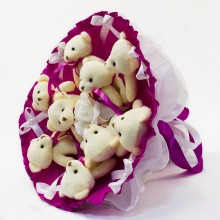 Букет из мягких игрушек Мишки 9 штук и розочка Подарочный букет из мишек ручной работы 30х30 см. Фиолетовый долговечный подарок