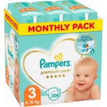 Подгузники Pampers Premium Care Размер 3 Derma Comfort 204 штуки Maxi 6-10 кг Мягкие 